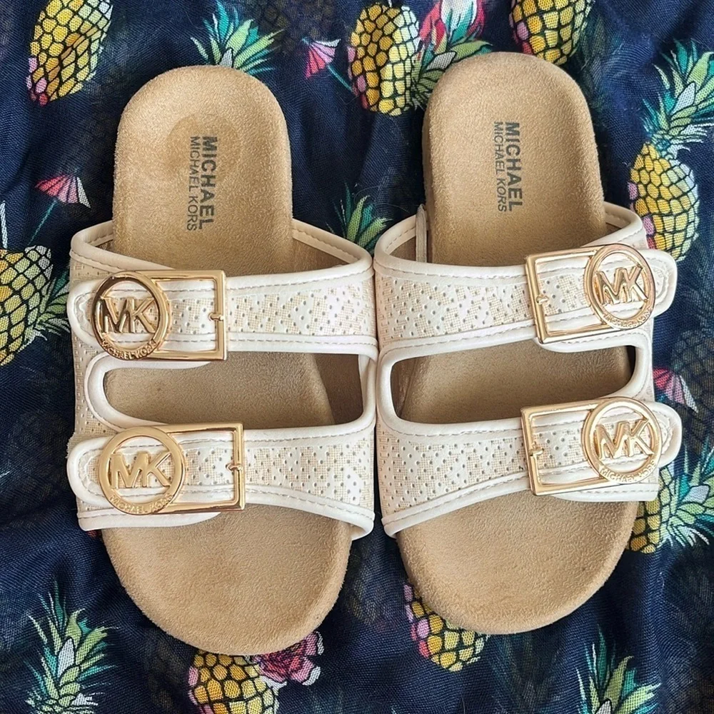 Brand New Michael Kors Zoria Adjustable Strap Slides Sandals Blush Gold Tone